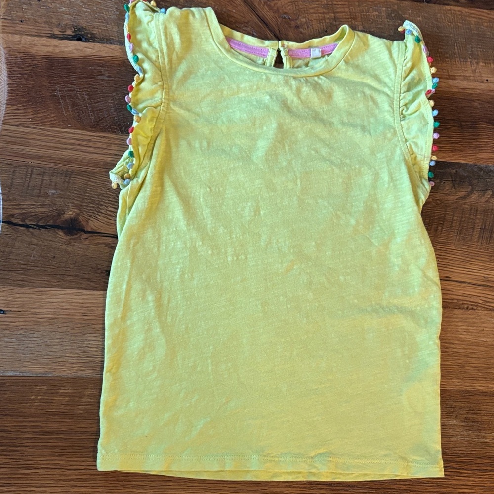Mini Boden Yellow Kids Ruffle Sleeve multi color poms Top 7-8 year